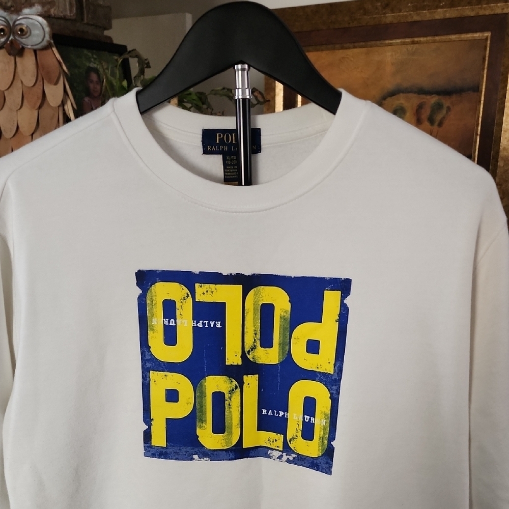 Polo Ralph Lauren White Graphic Crewneck Sweatshirt Blue Yellow Logo - Picture 2 of 8